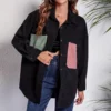 Casual Black Contrast Color Pocket Long Sleeve Women Coats