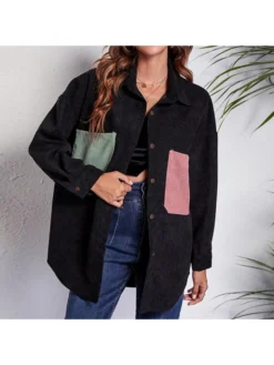 Casual Black Contrast Color Pocket Long Sleeve Women Coats