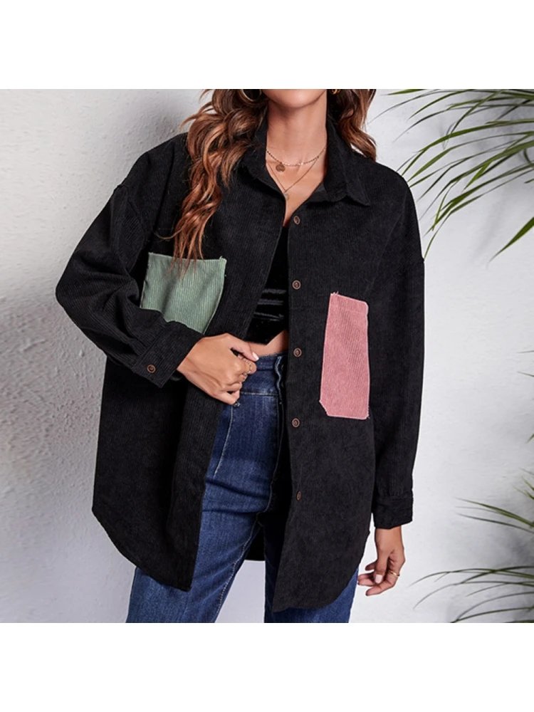 Casual Black Contrast Color Pocket Long Sleeve Women Coats