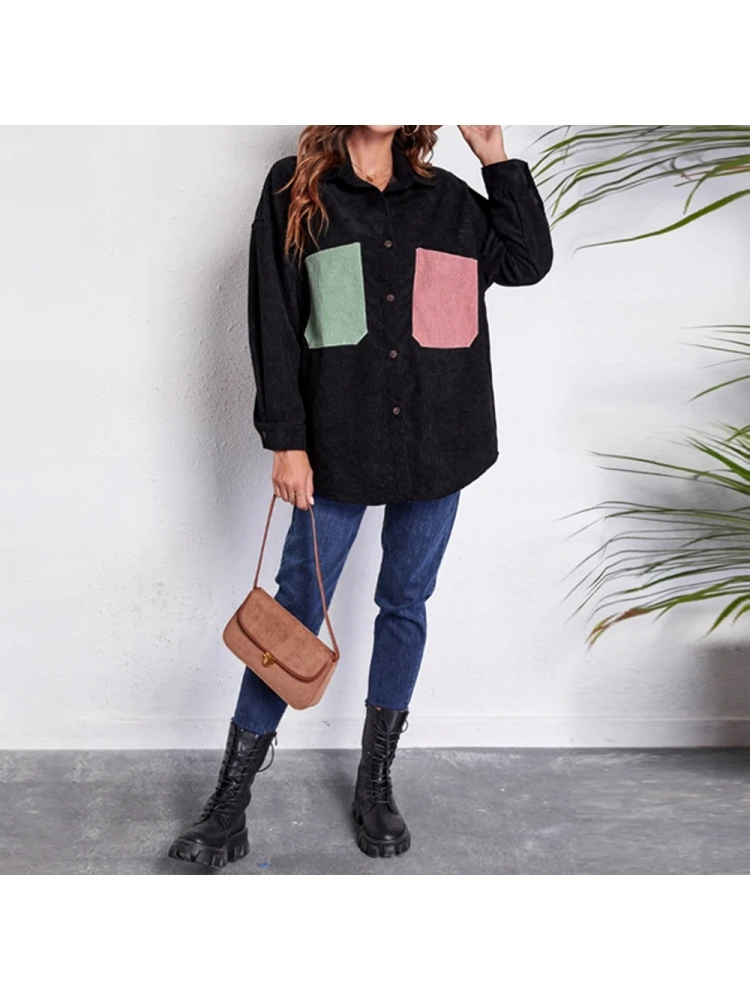 Casual Black Contrast Color Pocket Long Sleeve Women Coats - Image 2