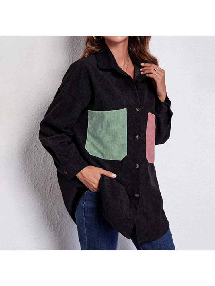 Casual Black Contrast Color Pocket Long Sleeve Women Coats - Image 3