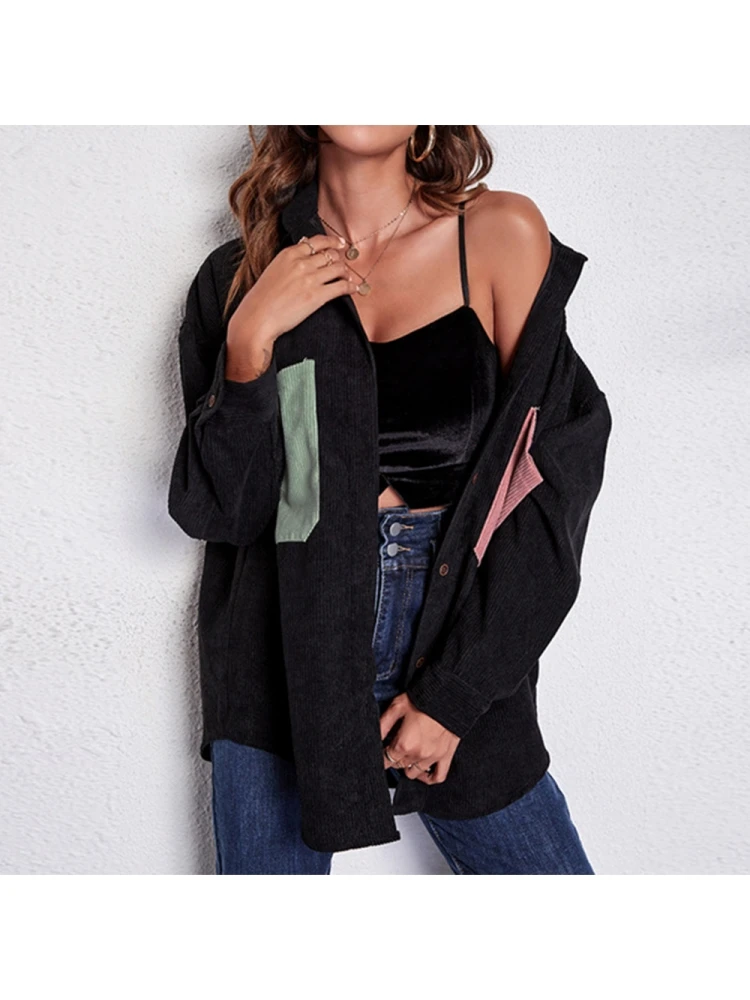 Casual Black Contrast Color Pocket Long Sleeve Women Coats - Image 5