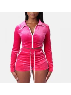 Sports Velvet Matching Short 2 Piece Outfit Sets