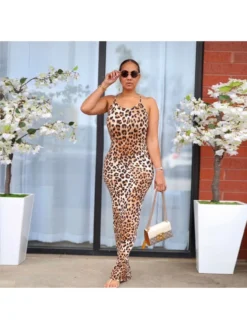 Backless Leopard Animal Print Sleeveless Maxi Dress