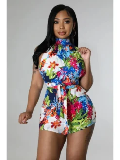 Summer Printed Backless Sleeveless Short Rompers For Women