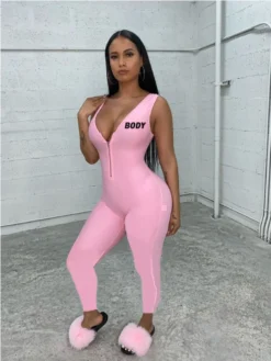 V Neck Half Zipper Sleeveless Bodycon Jumpsuits