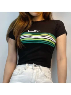 Contrast Color Striped Printing Short Sleeve Top