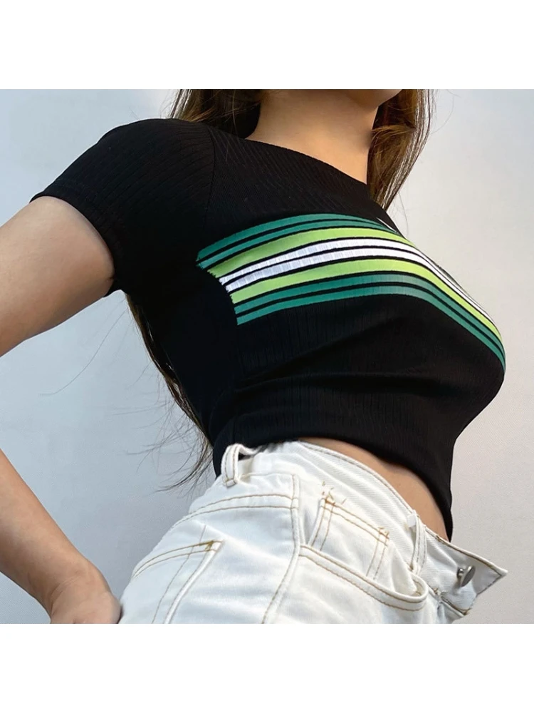 Contrast Color Striped Printing Short Sleeve Top - Image 3