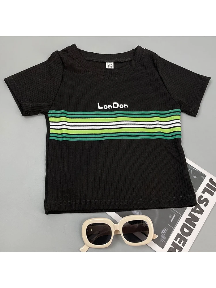 Contrast Color Striped Printing Short Sleeve Top - Image 5