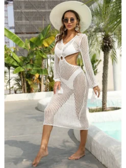 Sexy V Neck Long Sleeve One Piece Cover Up