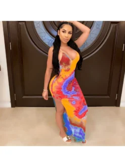 Sexy Sleeveless Split Hem Tie-Dye Nightclub Dress