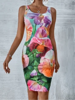 Women Printing Sleeveless U Neck Dress