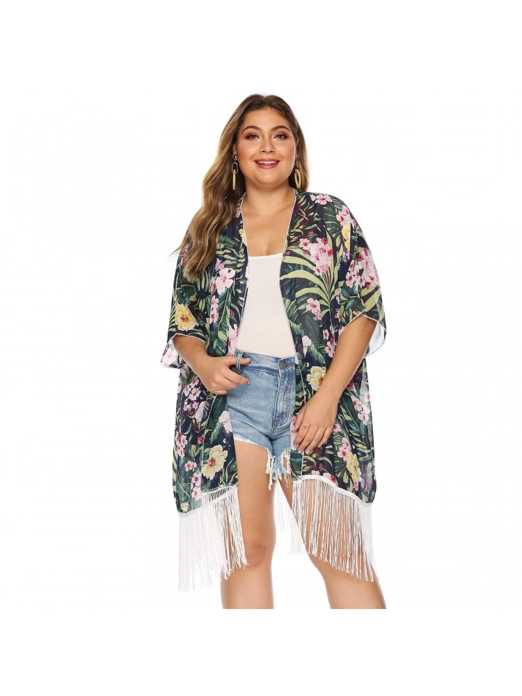 Plus Size Printed Chiffon Beach Tassels Cardigan Cover Ups