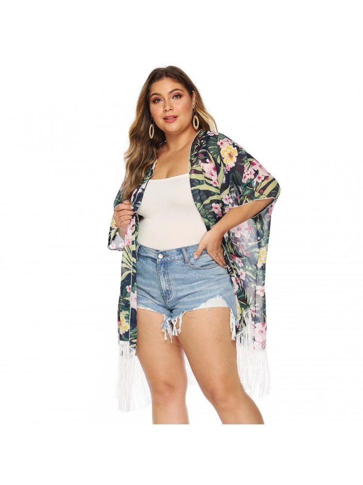 Plus Size Printed Chiffon Beach Tassels Cardigan Cover Ups - Image 3