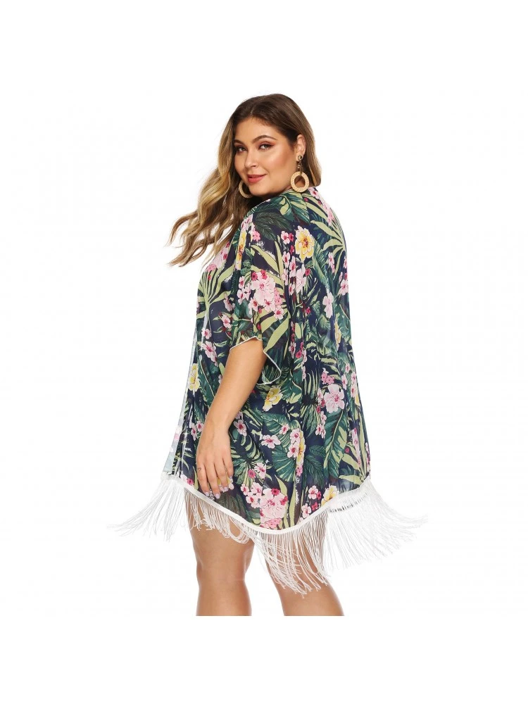 Plus Size Printed Chiffon Beach Tassels Cardigan Cover Ups - Image 4
