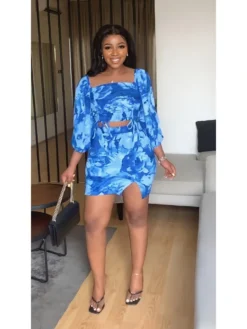 Temperament Square Neck Short Top With Skirt Set