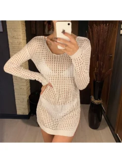 Sexy Pure Color Beach Wear Long Sleeve Cover Ups