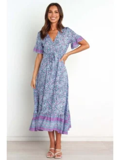 Vacation Paisley Ruffled Sleeve V Neck Bohemian Maxi Dress
