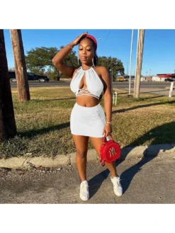 Fashion Retro Halter Crop Tank Skirts Set