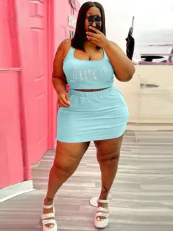 Rhinestone Letter Plus Size 2 Piece Skirt Sets