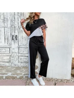 New Leopard Print Patchwork Women Top And Trouser Set