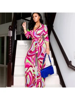 Sexy Printed Long Sleeve V-Neck Jumpsuit