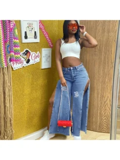 Sexy Deep Slit Ripped Blue Jeans For Women