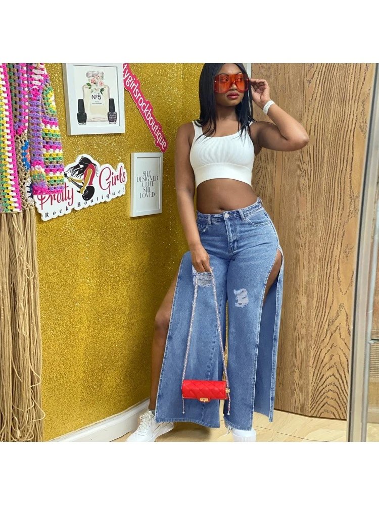 Sexy Deep Slit Ripped Blue Jeans For Women