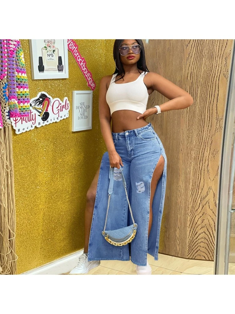 Sexy Deep Slit Ripped Blue Jeans For Women - Image 2