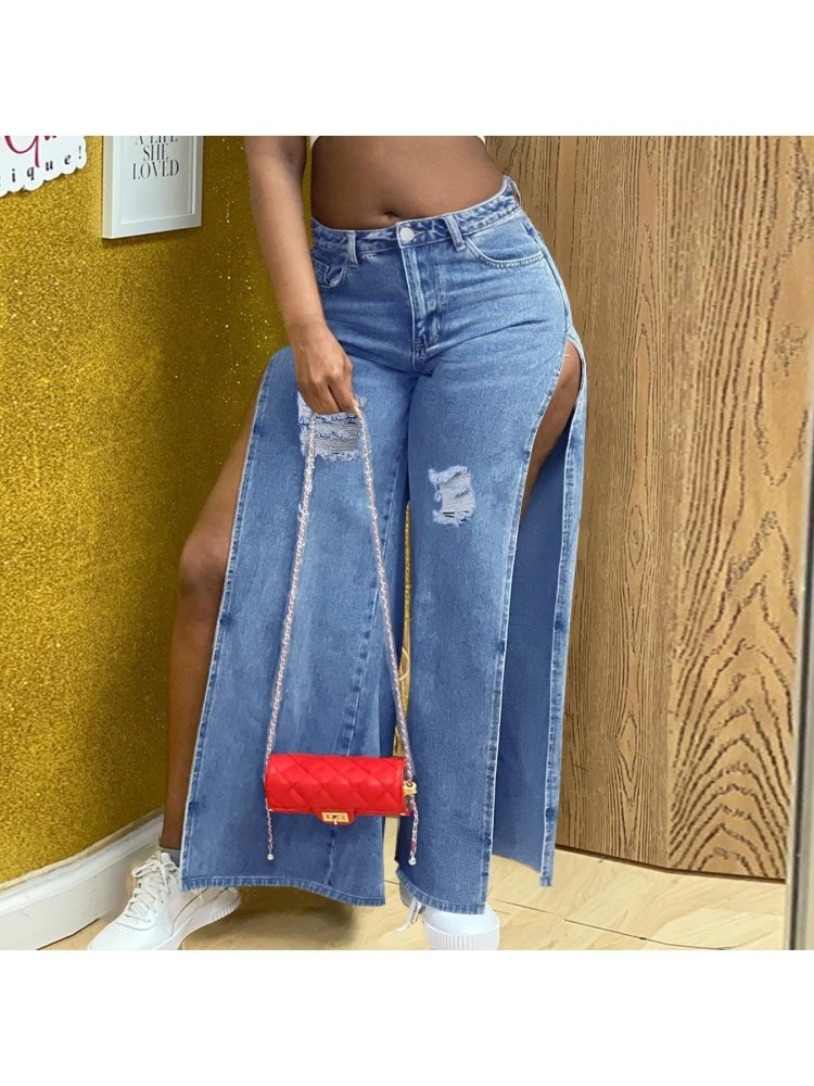Sexy Deep Slit Ripped Blue Jeans For Women - Image 3