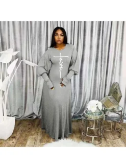 Loose Printing Crew Neck Gigot Sleeve Maxi Dress