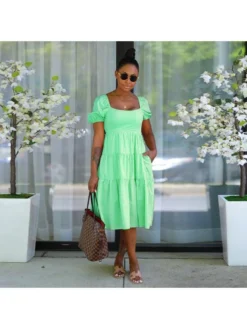 Fashion Pure Color Hollow-out Women's Short Sleeve Dress