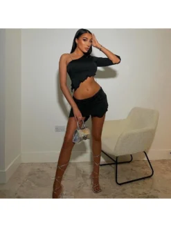 Stylish Stringy Selvedge One Shoulder Skirt And Top Sets