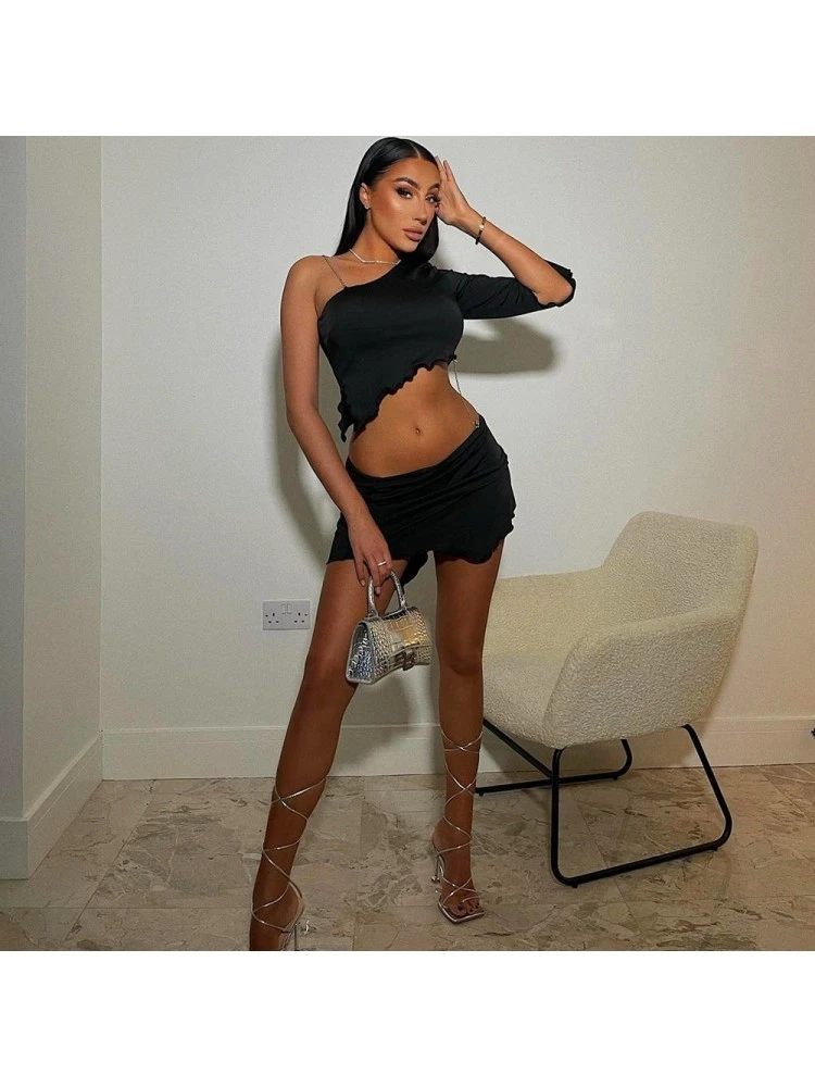 Stylish Stringy Selvedge One Shoulder Skirt And Top Sets