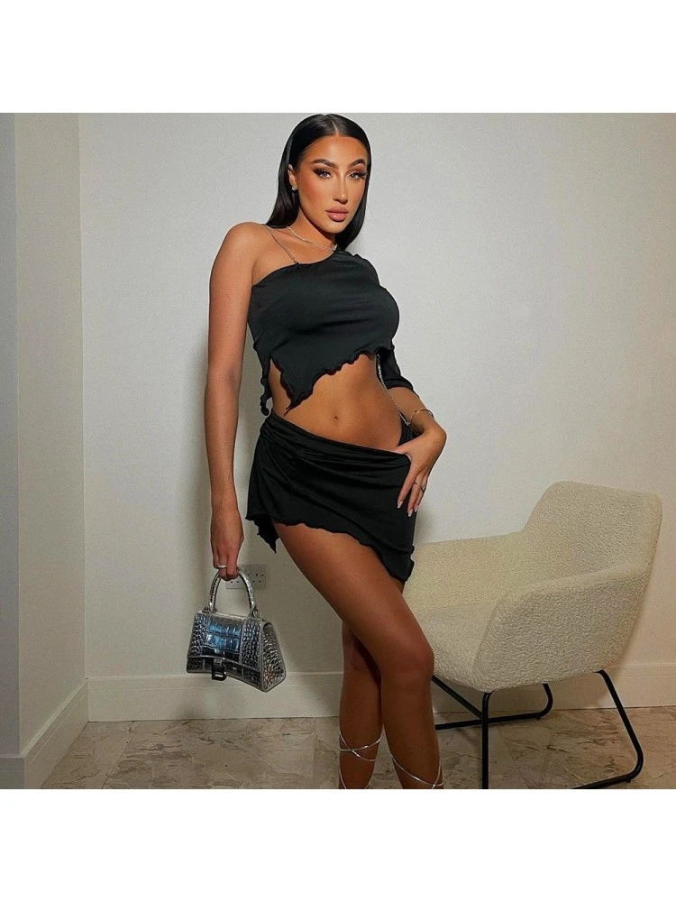 Stylish Stringy Selvedge One Shoulder Skirt And Top Sets - Image 3