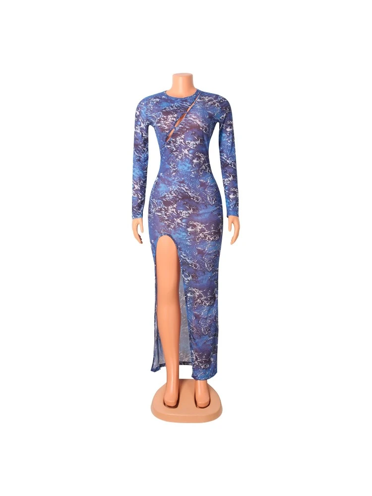 Printing See Through Split Hem Long Sleeve Maxi Dress - Image 4