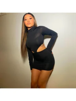 Fall Black Mock Neck Cut Out Long Sleeve Short Dress
