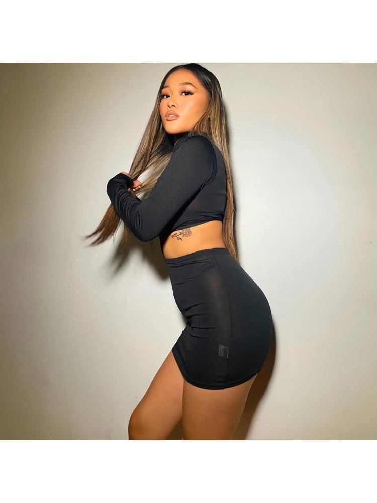 Fall Black Mock Neck Cut Out Long Sleeve Short Dress - Image 2