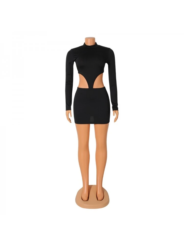 Fall Black Mock Neck Cut Out Long Sleeve Short Dress - Image 3