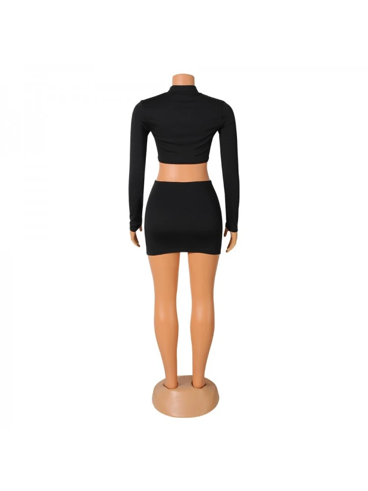 Fall Black Mock Neck Cut Out Long Sleeve Short Dress - Image 5