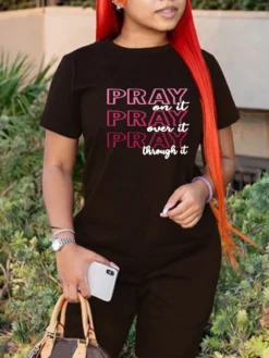 Casual Black Short Sleeve T Shirts And Trouser Sets