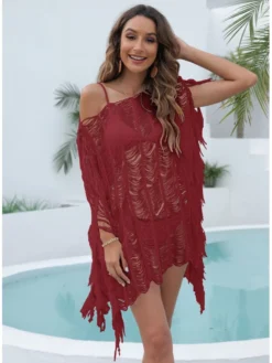 Beach Style Hollow Out Solid Color Tassels Dresses