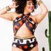 Printing Hollowed Out Halter One-Piece Swimwear