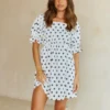 Square Neck Puff Sleeve White Floral Short Dress