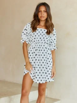 Square Neck Puff Sleeve White Floral Short Dress