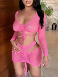 Sexy Hollow Out Mini Skirt And Cropped Top Sets