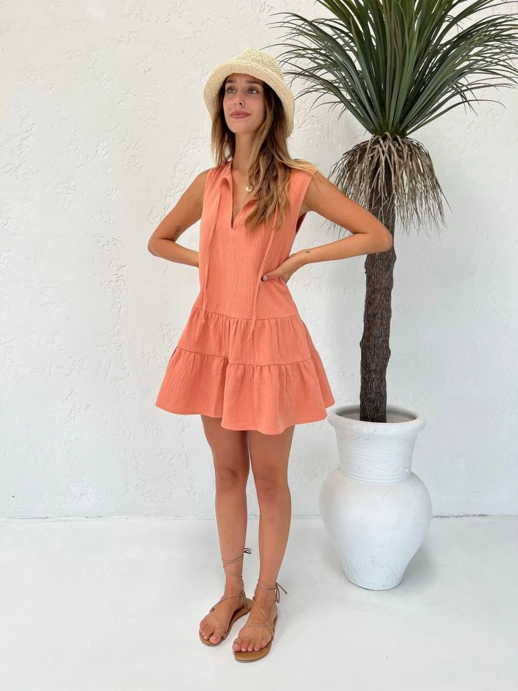 Casual Summer Style Ruched Patchwork Pure Color Dress - Image 2