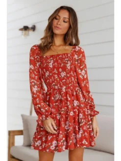 Women Puff Long Sleeve Printing Short Dresses