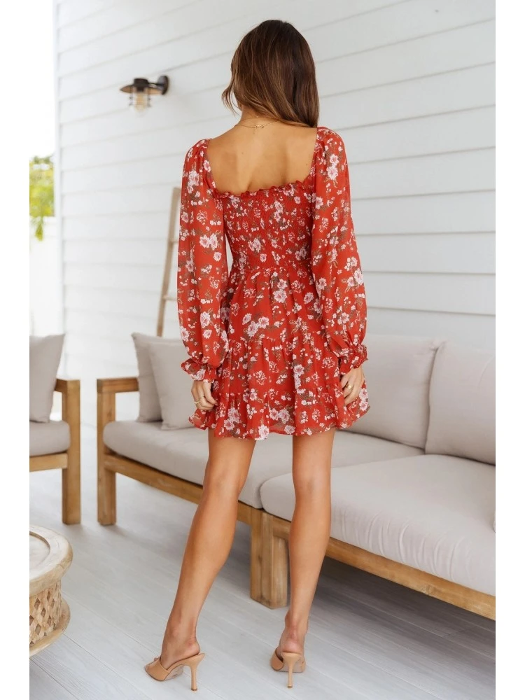 Women Puff Long Sleeve Printing Short Dresses - Image 2