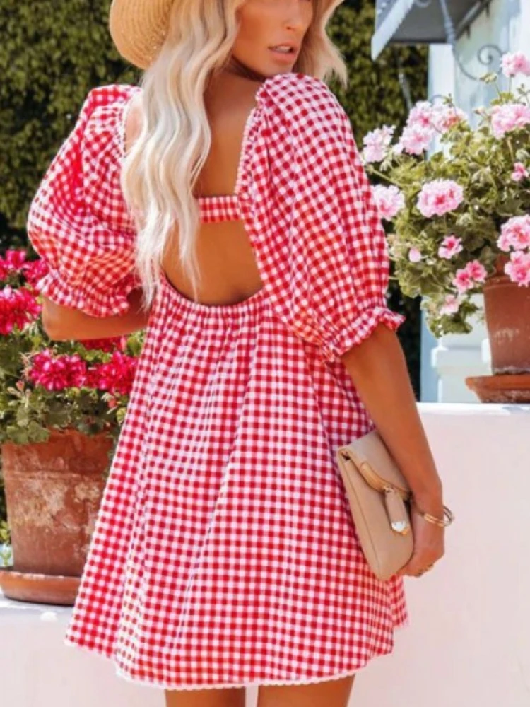 Summer Sweety Backless Plaid Dress - Image 4